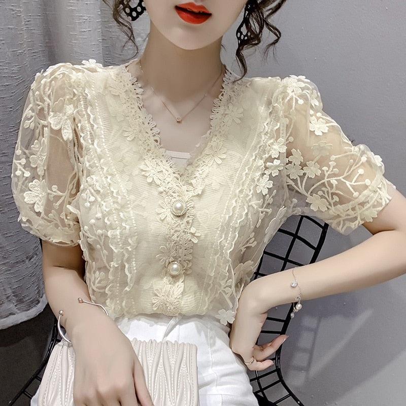 Women's Printed Floral Transparent Pearls V-neck Chiffon Short Sleeve flower Blouse (2 Colors)