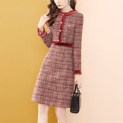 Women's Vintage Tweed Wine Diamonds Ruffle Plaid Beaded Woolen Winter Dress