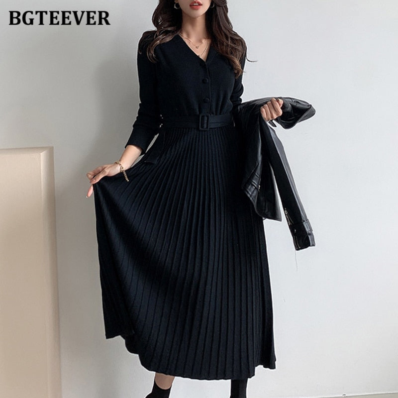 Women's V-neck Single-breasted Knitted Belted Thick Soft Sweater Dress (3 Colors)