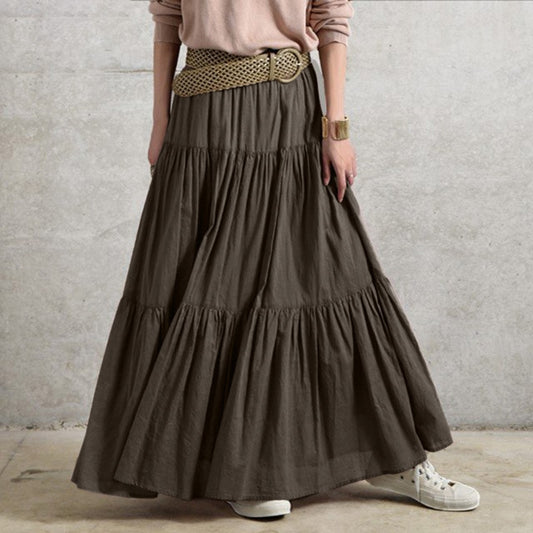 Women's Ruffles Long Solid Loose Elastic Waist Skirt (4 Colors)