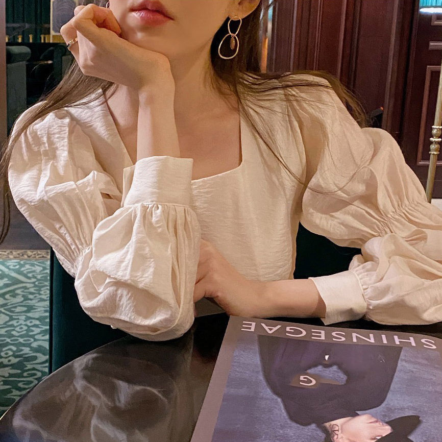 Womens Solid Puff Sleeve Loose Princess Style  Square Collar Blouses