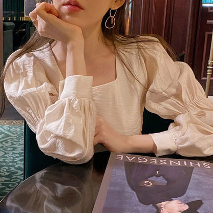 Womens Solid Puff Sleeve Loose Princess Style  Square Collar Blouses