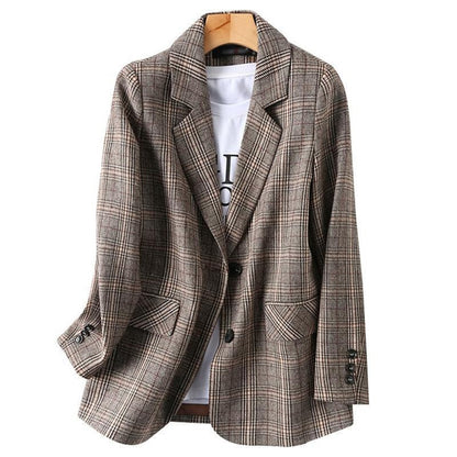 Women's Vintage Single Breasted Long Sleeve Loose Plaid Office Blazer