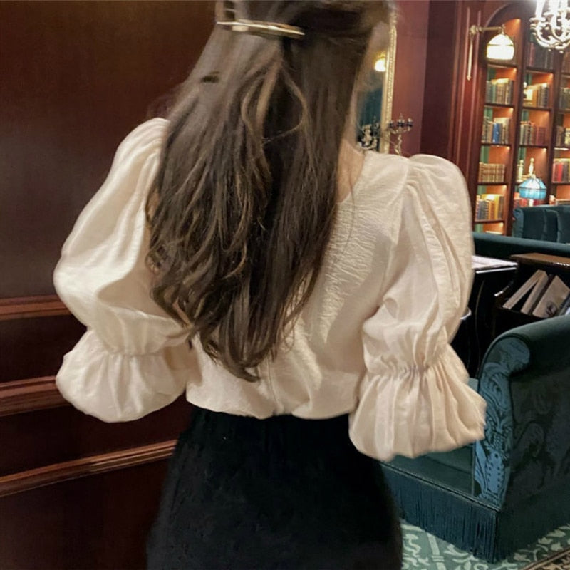 Womens Solid Puff Sleeve Loose Princess Style  Square Collar Blouses