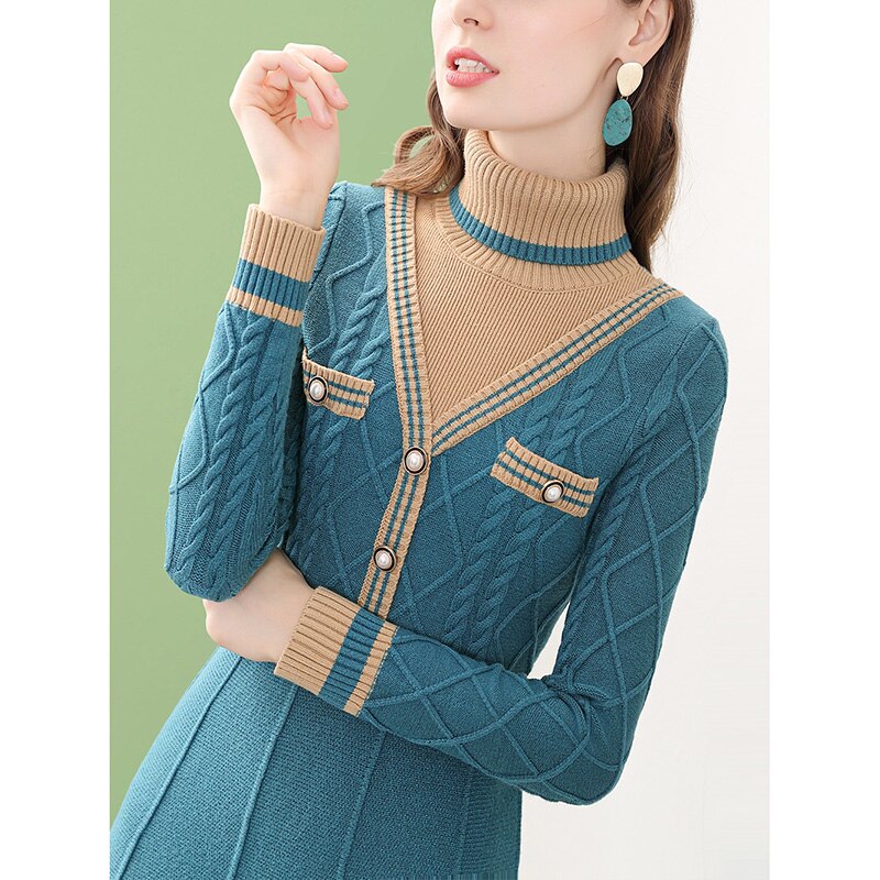 Women's Blue Knitted Patchwork Turtleneck Twist A-Line Warm Sweater Winter Dresses
