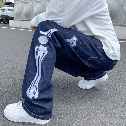 Men's Straight Baggy Embroidery Mopping Streetwear Denim