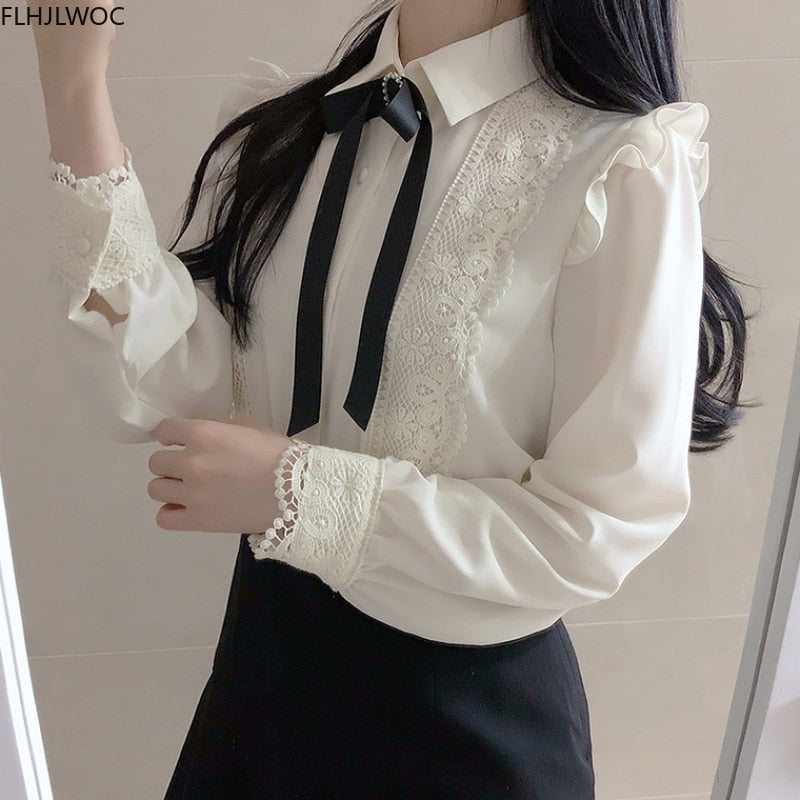 Womens Ruffled Work Wear Single Breasted Button Solid Peter Pan Collar Blouse