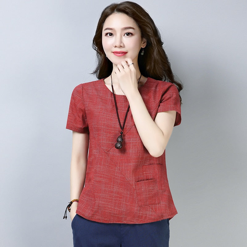 Women's Vintage Linen Cotton  Short Sleeve Tops (3 Colors)