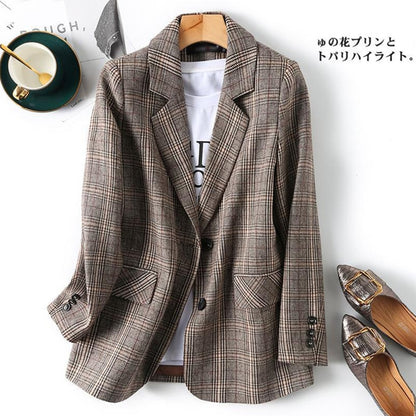 Women's Vintage Single Breasted Long Sleeve Loose Plaid Office Blazer