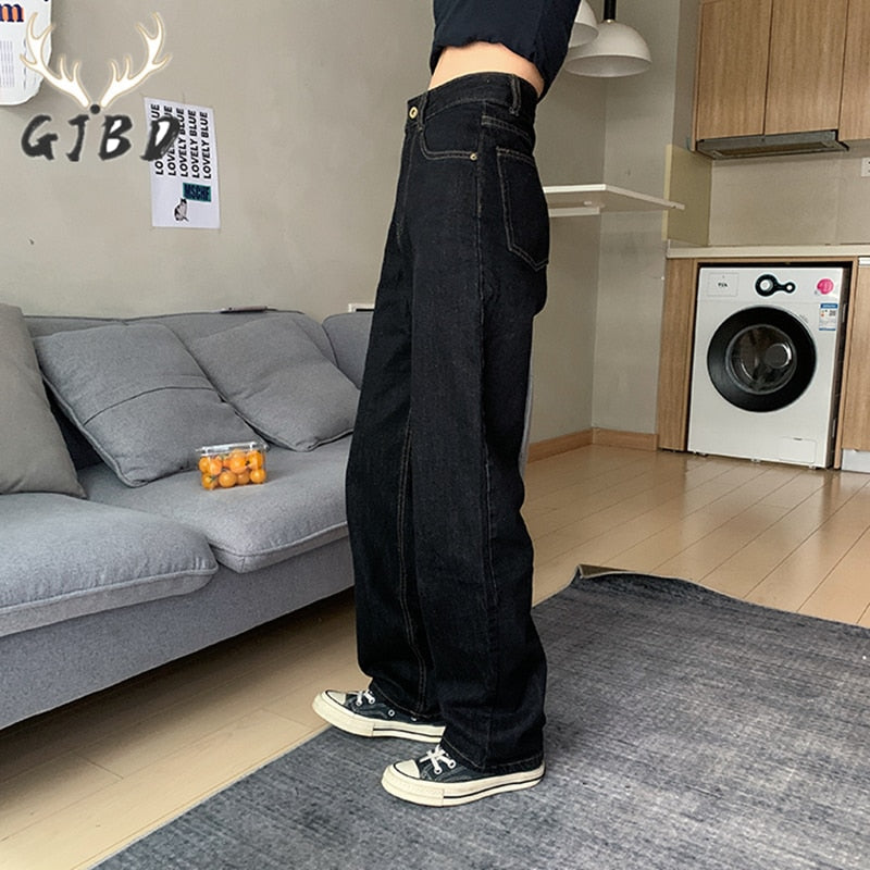 Women's High Waist Straight Baggy Black Fashion Streetwear Wide Leg Jean