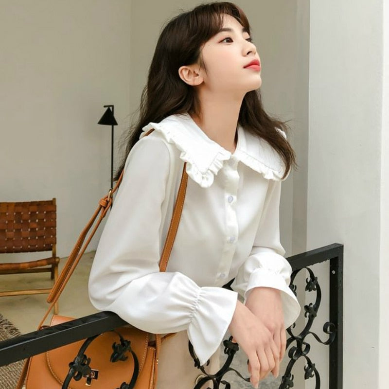 Women's Korean Style Butterfly Sleeve Preppy Style Peter pan Collar Tops