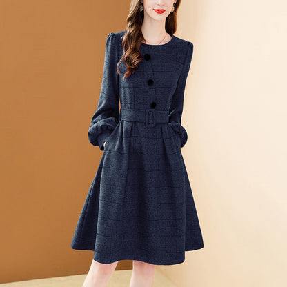 Women's Winter Red Woolen Plaid A-line Lantern Sleeve  Dress with Belt (2 Colors)