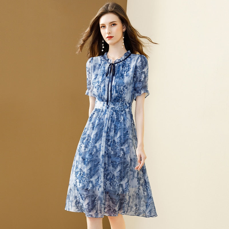 Women's Summer Chiffon Floral Print Slim Elegant French Office Lady Bow Party Midi Dress