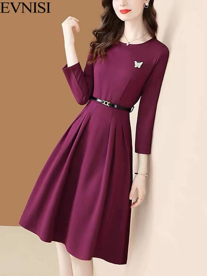 Women's Purple Long-sleeved Autumn And Winter Slim Lace-up O-neck Dress With Belt