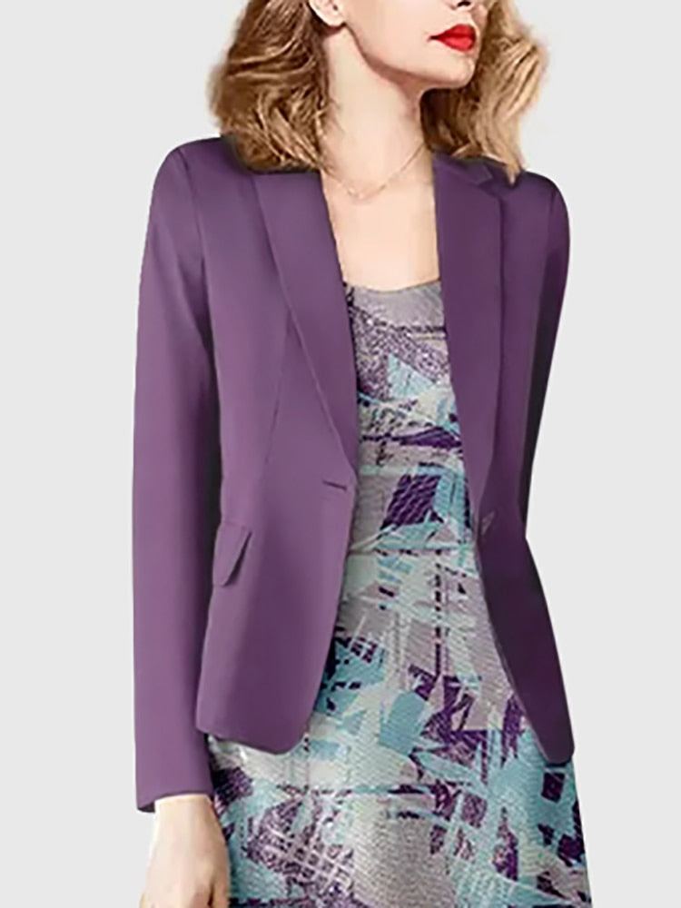 Women's Purple Notched Cardigan Blazer Coat And Printing Suspender Two Pieces Dress