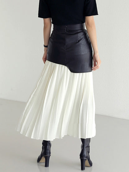 Women's Casual PU Patchwork High Waist Midi Fold Pleated Skirts (2 Colors)