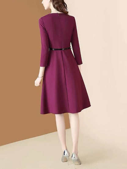 Women's Purple Long-sleeved Autumn And Winter Slim Lace-up O-neck Dress With Belt