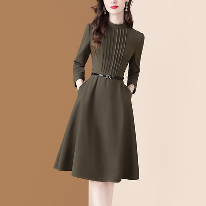 Women's Autumn Long Sleeve Coffee ound Neck Pleated Party Dresses with Belt