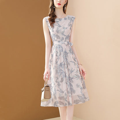 Women's Chiffon Print O-Neck Sleeveless Lace Up Elegant A-Line Slim Pleat Chiffon Dress