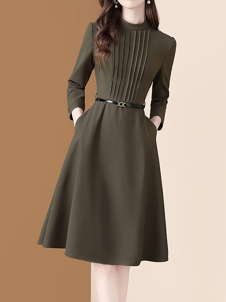 Women's Autumn Long Sleeve Coffee ound Neck Pleated Party Dresses with Belt