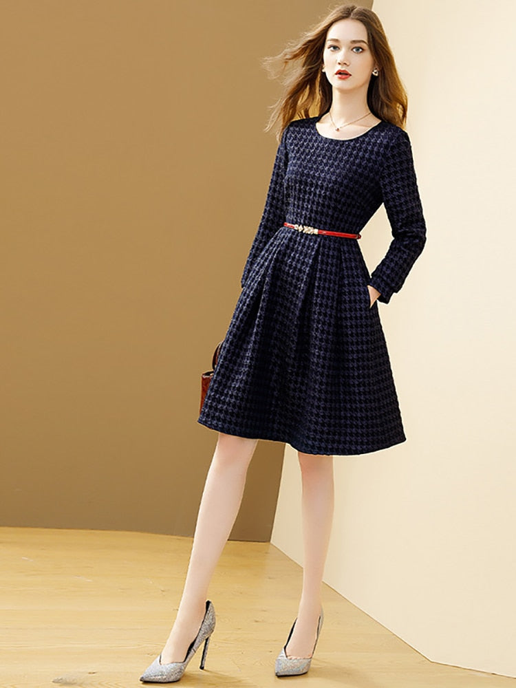 Women's Winter Navy Blue Bird Lattice Elegant Autumn A-line O-neck Slim With Belt