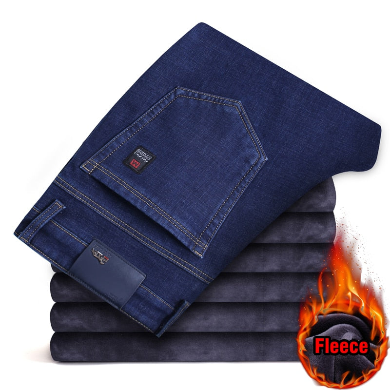 Men's Fleece Warm Jeans Classic Style Business Casual Regular Fit Denim (2 Colors)