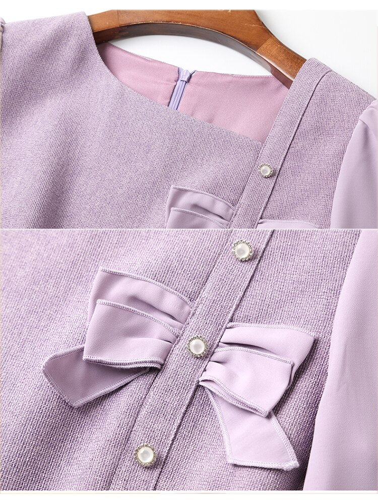 Women's Purple Irregular Collar Long Sleeve Bow Button Dress