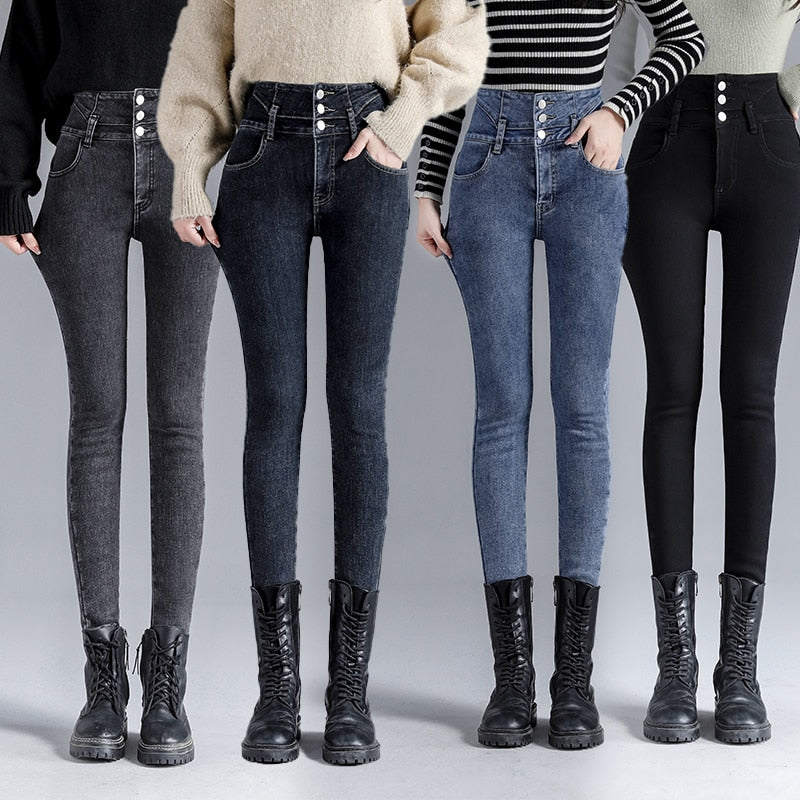 Thick Velvet Fleece Warm Slim Fit Stretch Women High Waist Skinny Jeans (8 Colors)