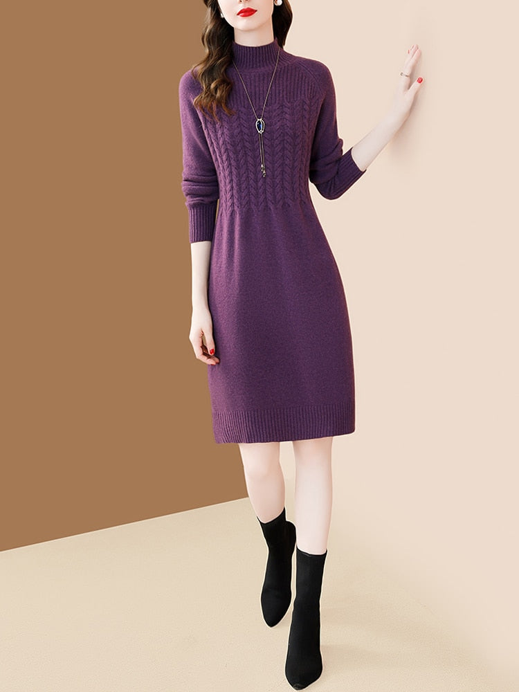 Women's 100% Merino Wool Knit High Collar Slim Purple Elegant Dress (3 Colors)