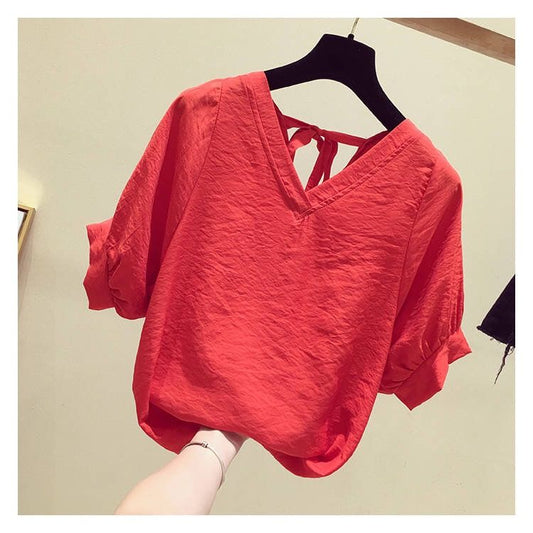 Women's Solid Hollow-out V Neck Puff Sleeved Cotton Tops - Collection 2 (7 Colors / Styles)