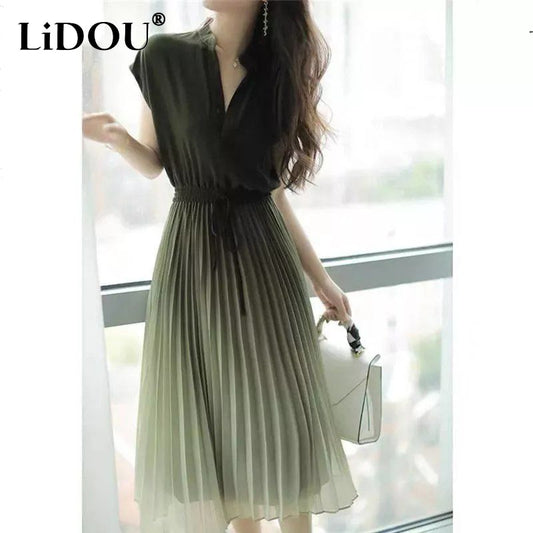 Women's Solid Gradient V Neck Sleeveless Mid-Calf Pullover Chic Dress (2 Colors)