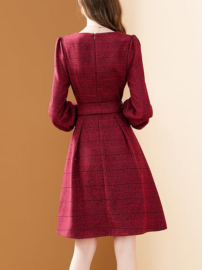 Women's Winter Red Woolen Plaid A-line Lantern Sleeve  Dress with Belt (2 Colors)