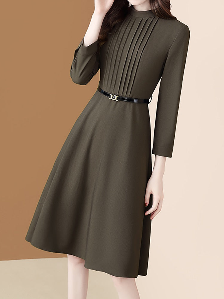 Women's Autumn Long Sleeve Coffee ound Neck Pleated Party Dresses with Belt