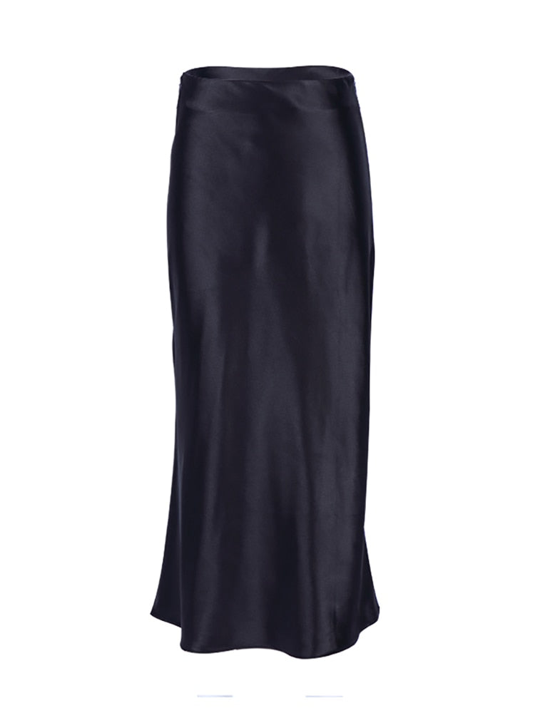 Women's Elegant Solid Satin Silk High Waisted Long Office Skirts (12 Colors)