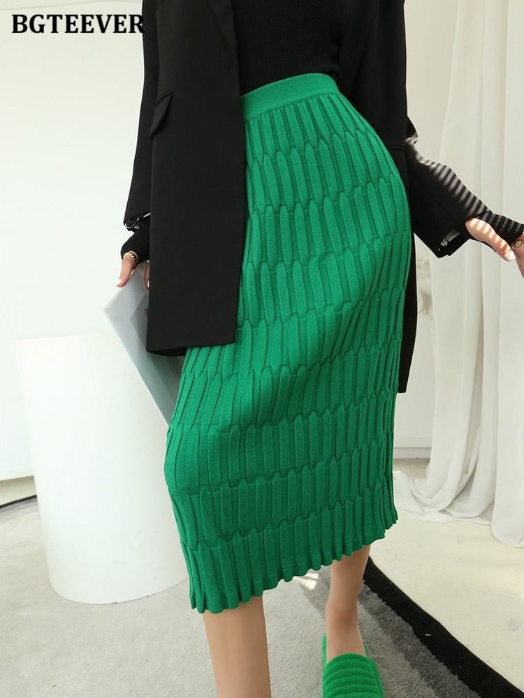 Women's Elegant High Waist Knitted Slim Fit Zipper Mid-Calf Skirt - One Size (4 Colors)