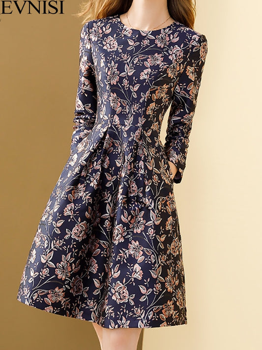 Women's Vintage Elegant Blue Printed O-neck A-line Bohemian Winter Slim Dress