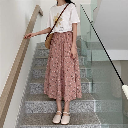Women's Vintage Floral Print A-line Pleated Elastic Waist Long Skirts (6 Colors - One Size)