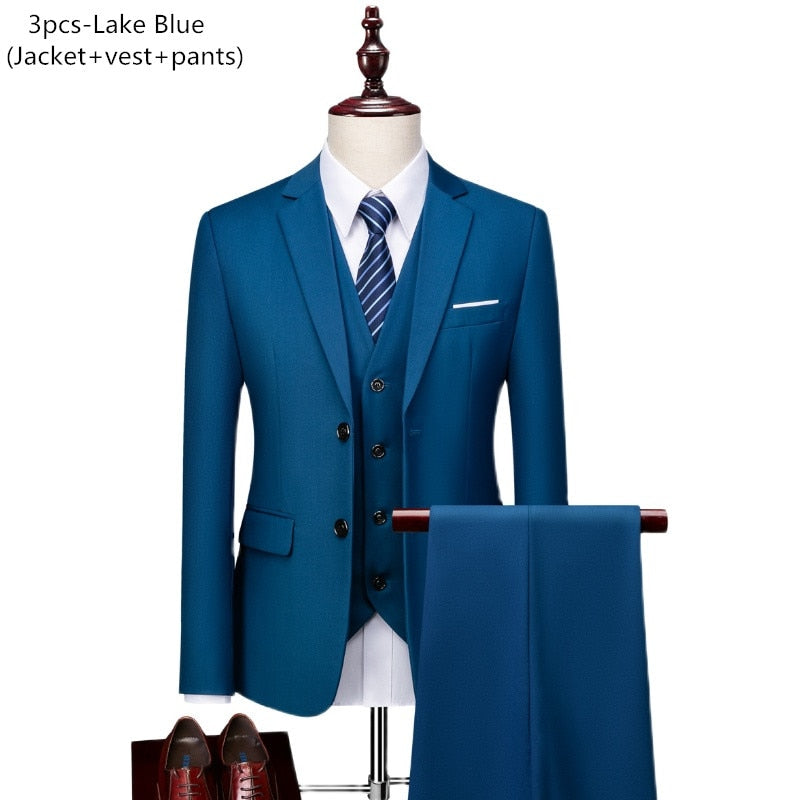 Men's 3 piece slim solid color business office suit (Jacket+Pant+Vest) - Collection 2 (7 Colors)