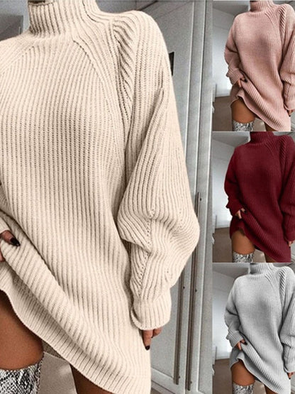 Women Turtleneck Oversized Solid Long Sleeve Knitted Mini Sweater Dress (5 Colors)