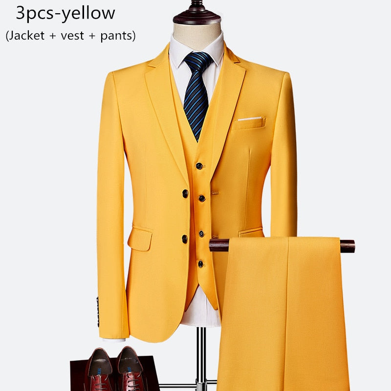 Men's 3 piece slim solid color business office suit (Jacket+Pant+Vest) - Collection 2 (7 Colors)