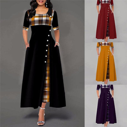 Women's Fashion Half Sleeve Plaid Print Button Maxi Dress (4 Colors)
