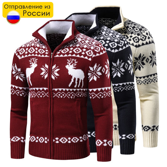 Men's Casual Jacquard Christmas Pattern Long Sleeve Mock Neck Sweater with Zipper (6 Colors)