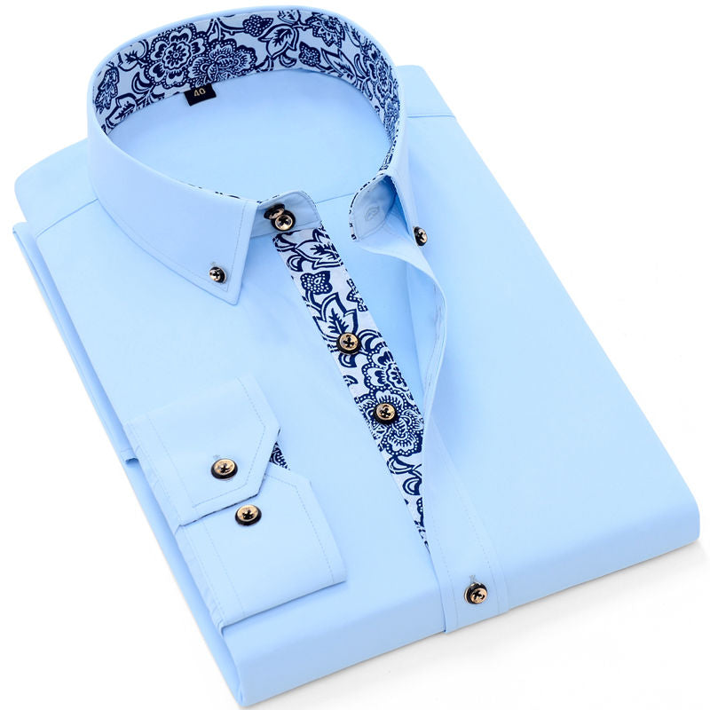 Men's Blue-and-white Porcelain Collar Business Casual Solid Color Shirts (6 Styles)
