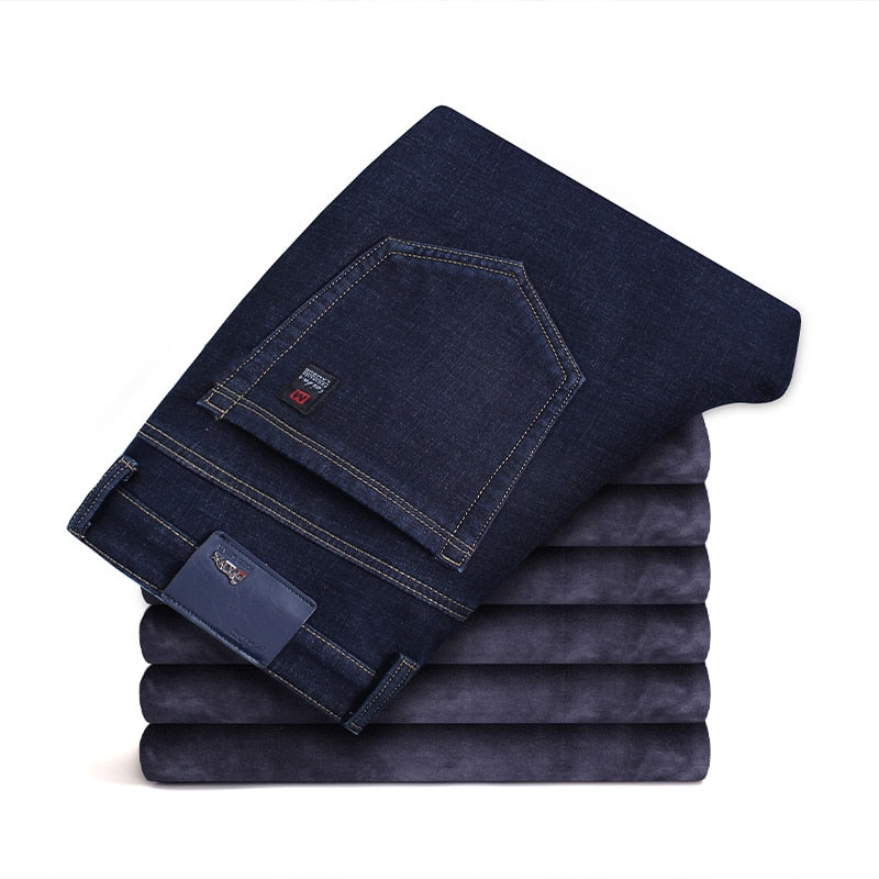 Men's Fleece Warm Jeans Classic Style Business Casual Regular Fit Denim (2 Colors)