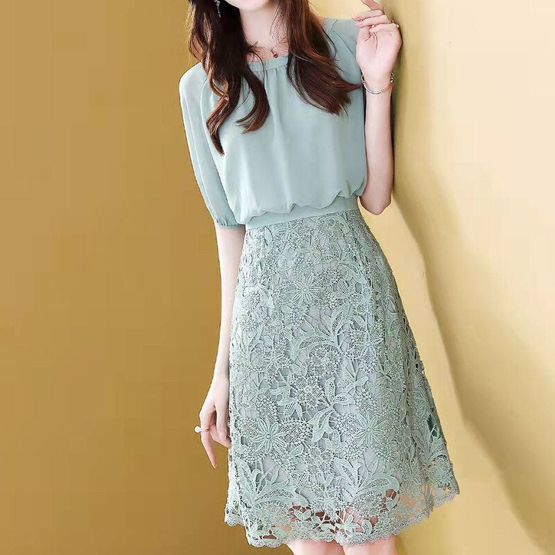 Women's Fake Two Piece Lace Chiffon Patchwork Dresses (2 Options)