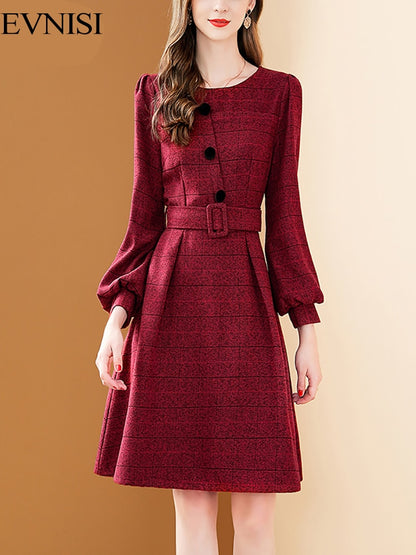 Women's Winter Red Woolen Plaid A-line Lantern Sleeve  Dress with Belt (2 Colors)