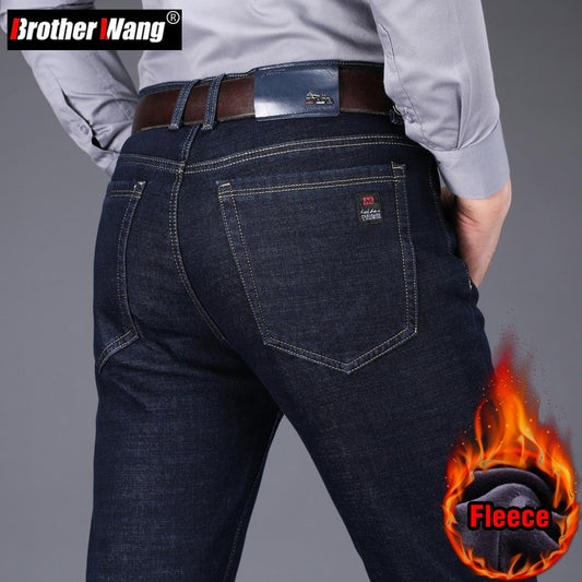 Men's Fleece Warm Jeans Classic Style Business Casual Regular Fit Denim (2 Colors)