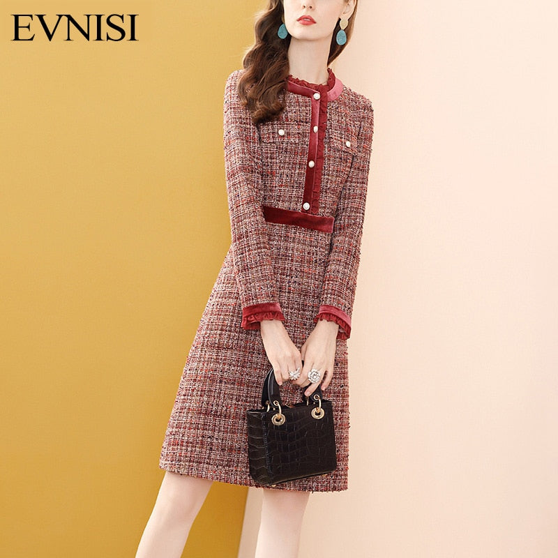 Women's Vintage Tweed Wine Diamonds Ruffle Plaid Beaded Woolen Winter Dress