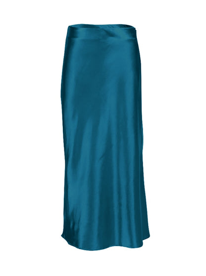 Women's Elegant Solid Satin Silk High Waisted Long Office Skirts (12 Colors)