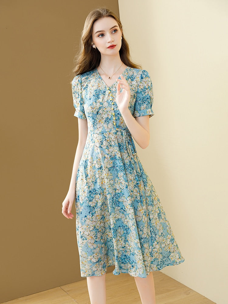 Women's Floral Printed V-Neck Slim A-Line Button Party Holiday Chiffon Dress